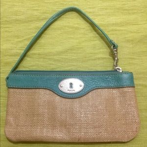 Fossil Key-Per Jute and Turquoise Leather Wristlet